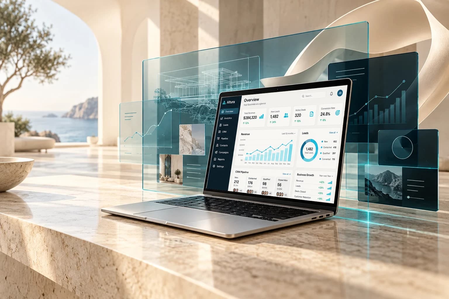 Premium laptop surrounded by translucent navy and cyan software interfaces in a sunlit architectural setting