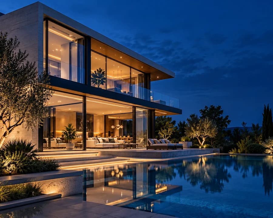 Modern residential property paired with a concept property management dashboard.