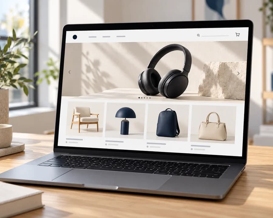 Laptop displaying an illustrative online store with headphones and product collections.