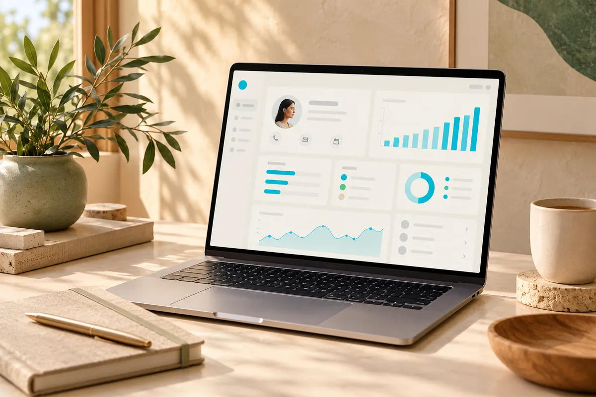 Laptop with an illustrative CRM dashboard, contact overview and cyan sales charts on an ivory desk