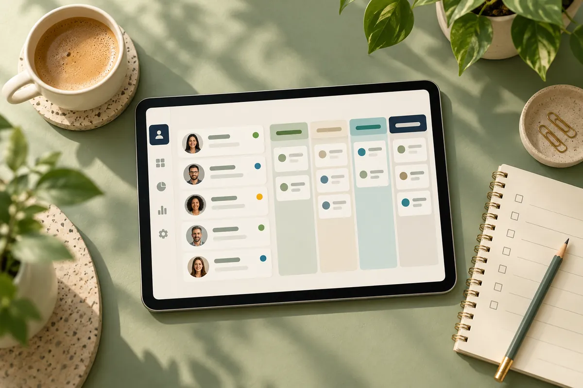Tablet with customer contact cards and a simple sales pipeline beside a planning notebook