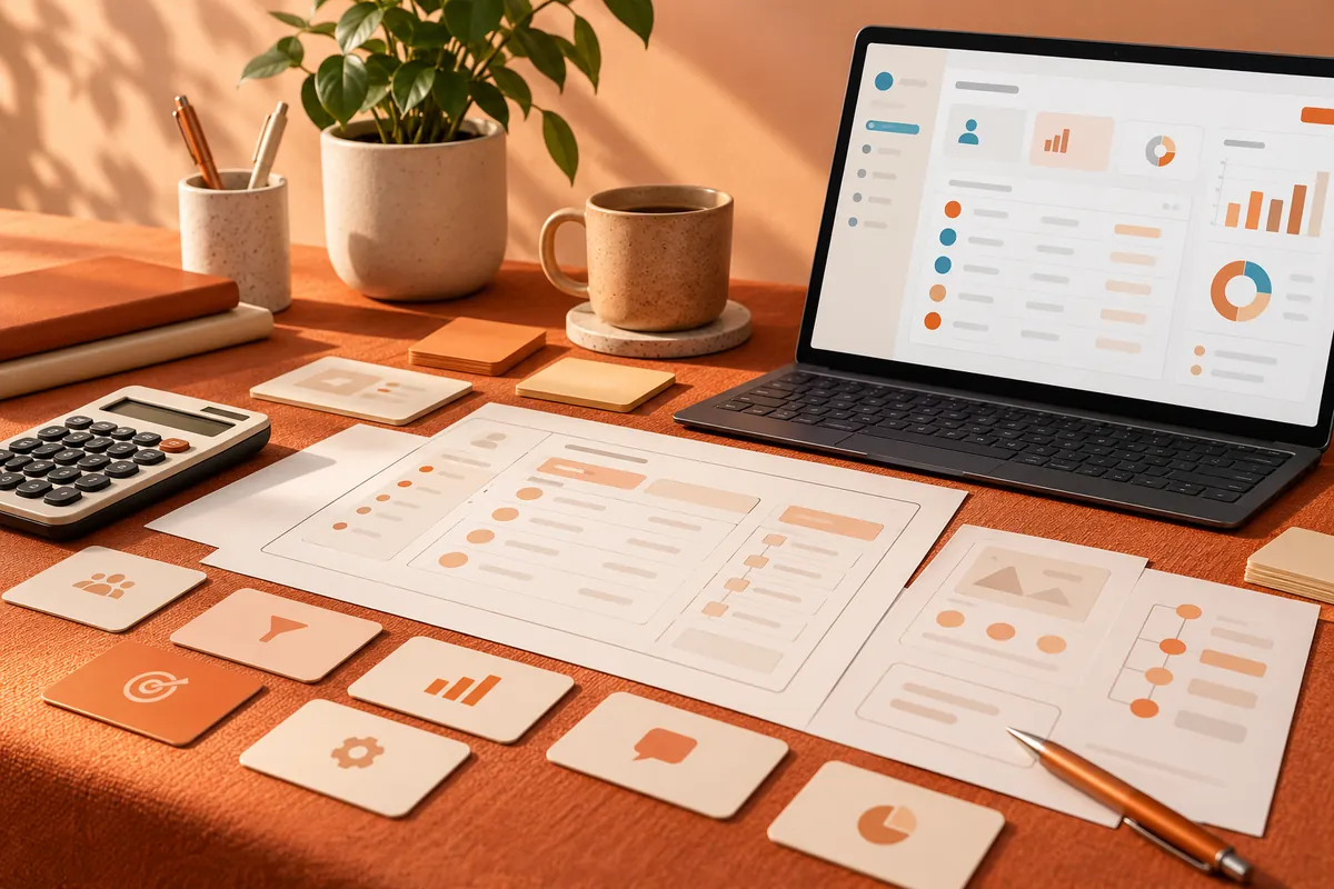 CRM scope planning workspace with interface sketches and a calculator