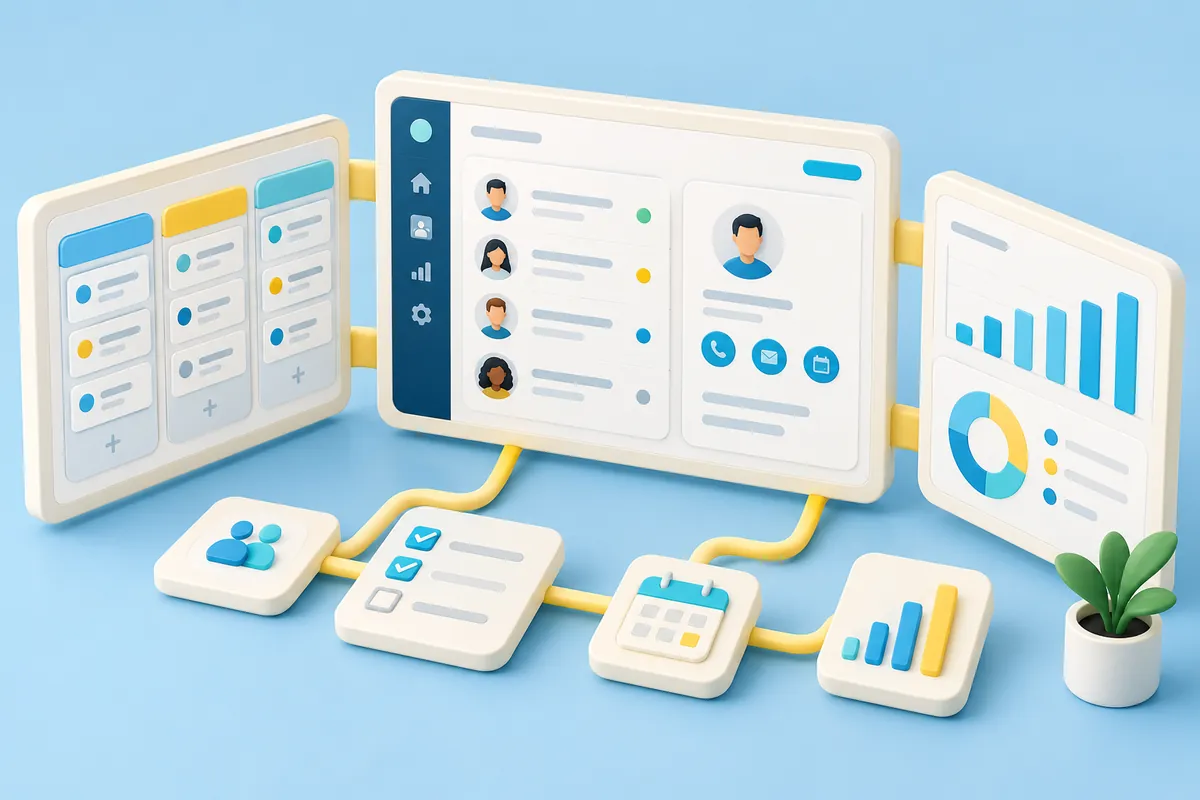 Connected CRM screens showing contacts, tasks, reports and pipeline modules