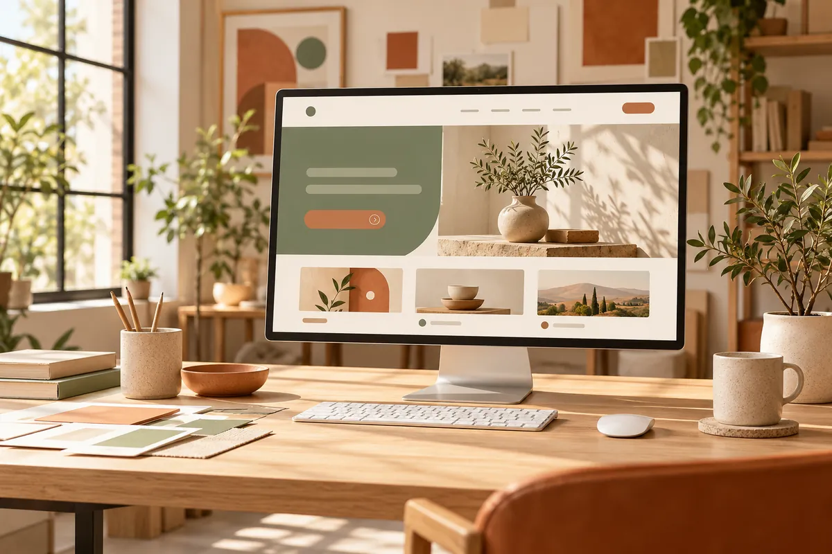 Desktop monitor displaying a fictional business website in a bright workspace