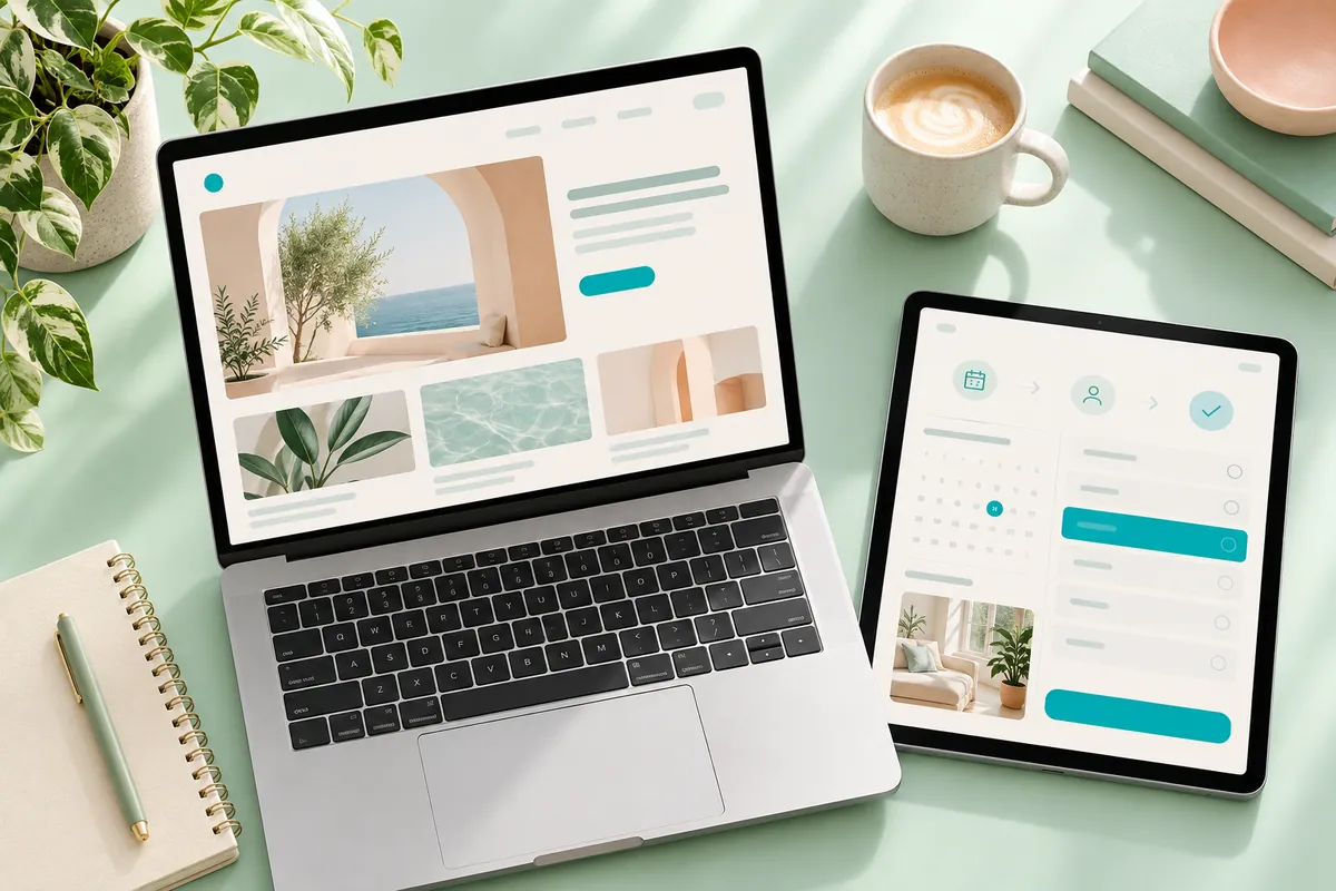 Laptop website and tablet application illustrating content and interactive workflows