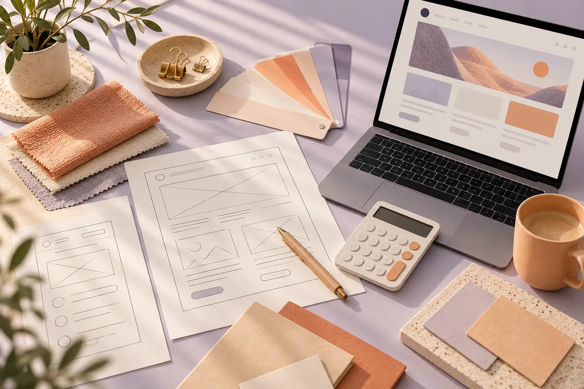 Website budget planning desk with page layouts, design materials and a calculator