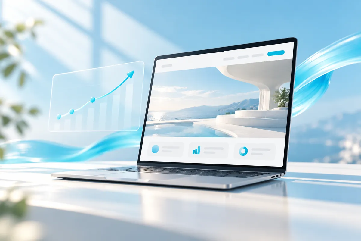 Laptop website with a translucent performance chart and cyan motion accents