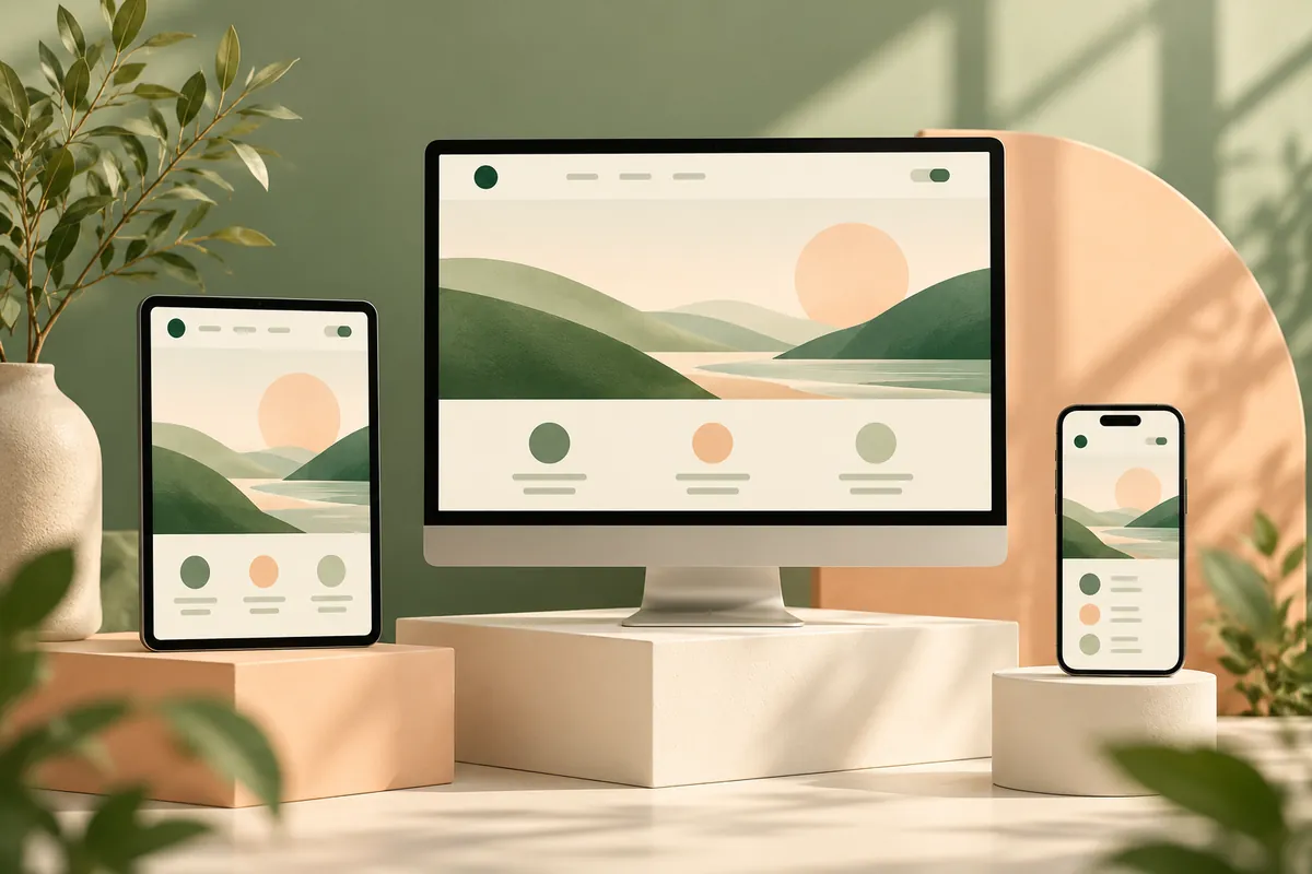 The same illustrative website adapted to a desktop monitor, tablet and phone