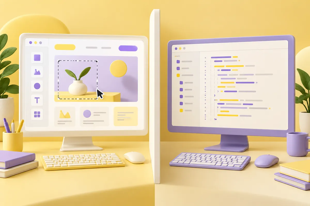 Code and visual editing workspaces comparing website builder and custom development