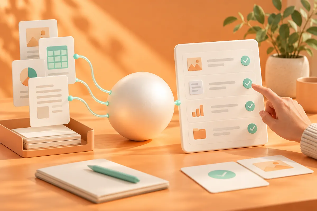 An abstract AI assistant sphere beside business workflow and review panels