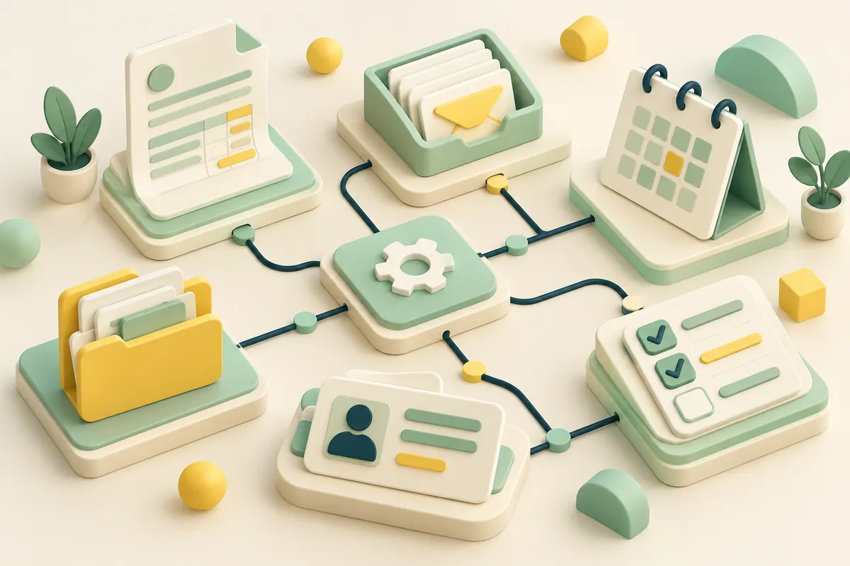 Connected isometric business process tiles showing automated office tasks