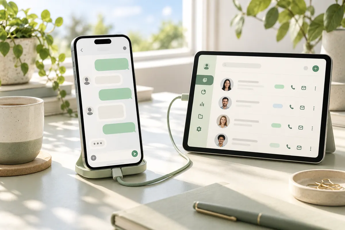 Generic chat on a smartphone connected to an illustrative CRM contact screen