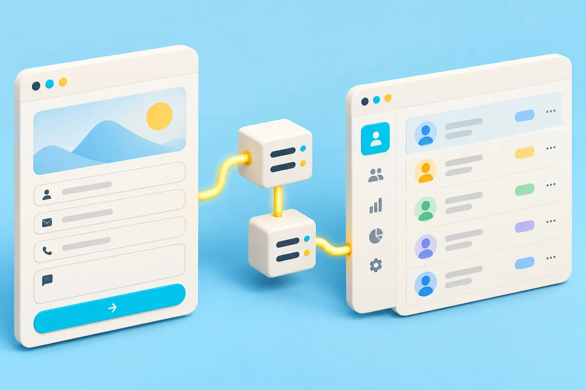 Website lead form connected through server nodes to a CRM contact interface