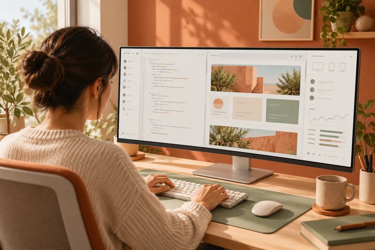 Developer workstation with code, a website preview and software testing panels