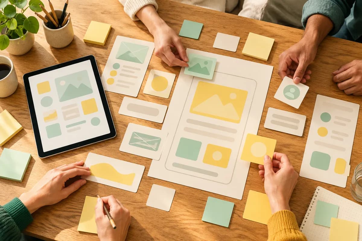 Software planning workshop with modular application layouts on a shared table