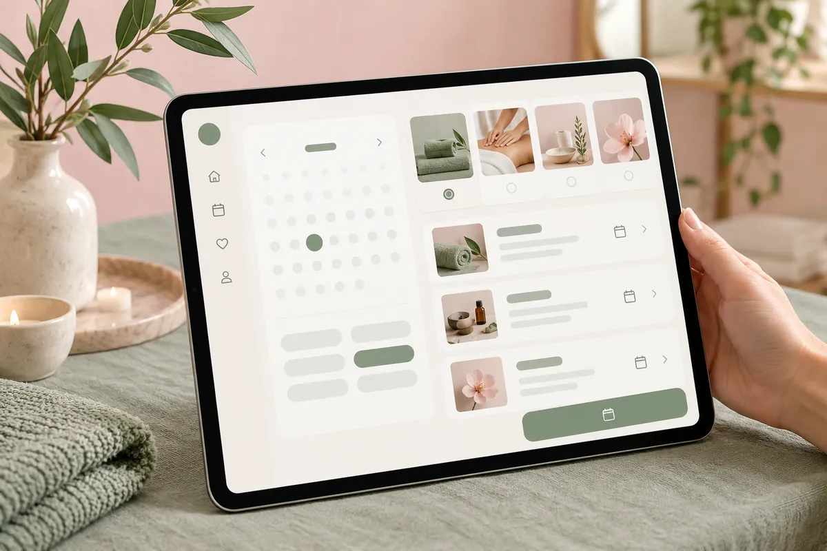 Tablet booking interface with a calendar, service choices and reservation cards
