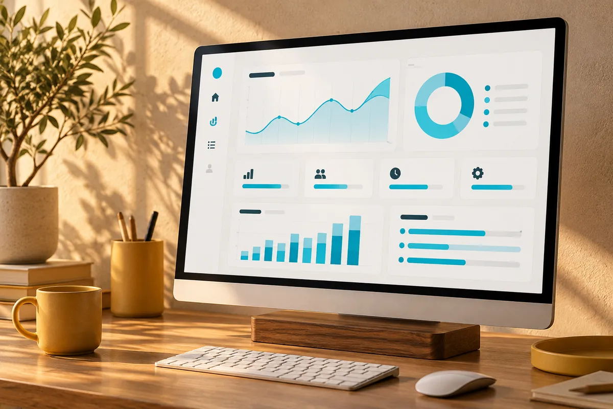 Business analytics monitor with cyan charts and operational summary cards