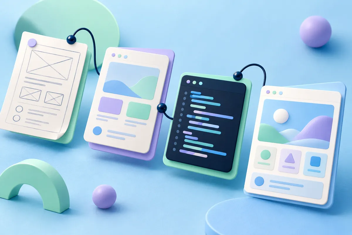 Wireframe, design, code and application screens arranged as development stages