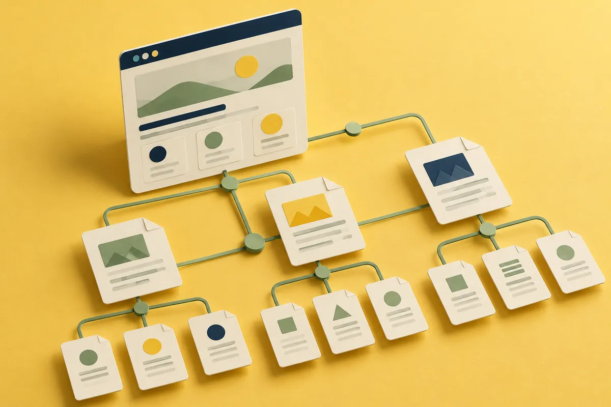Website screen connected to an illustrative crawl graph and document hierarchy