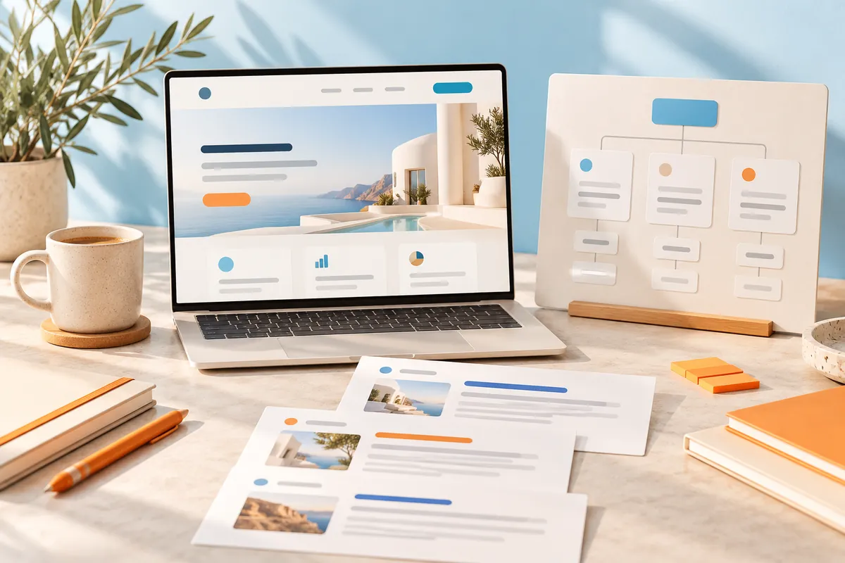 Business website beside search previews and a content structure diagram