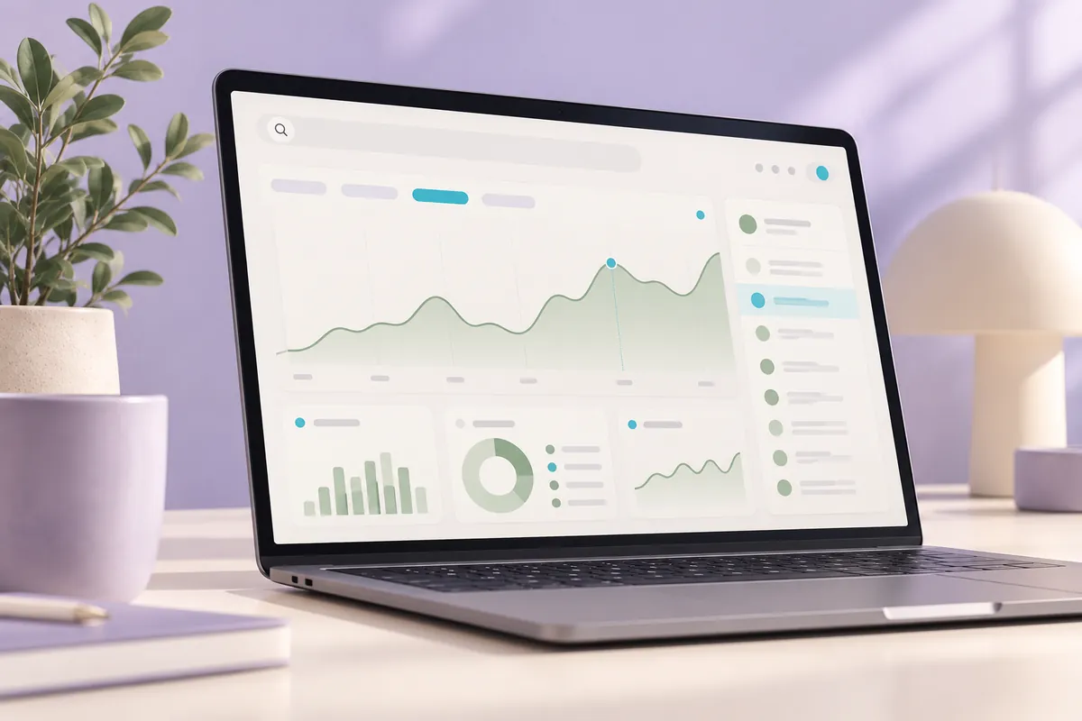 Generic search analytics dashboard with trend charts and an inspection sidebar