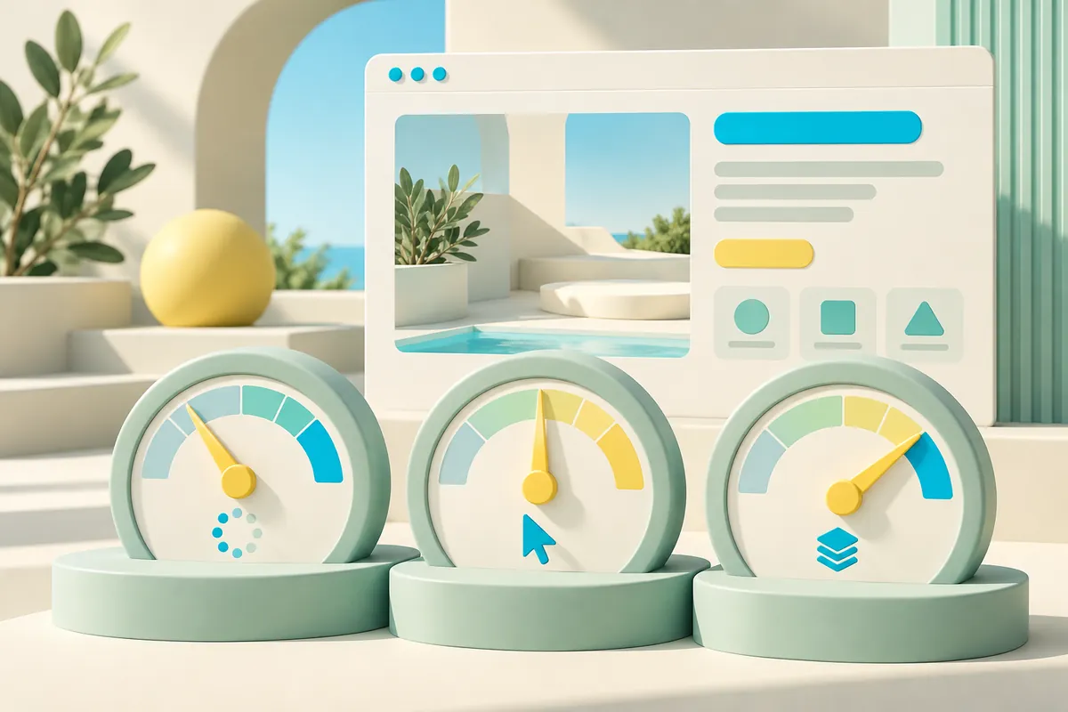 Three performance gauges beside a website preview representing loading, interaction and stability