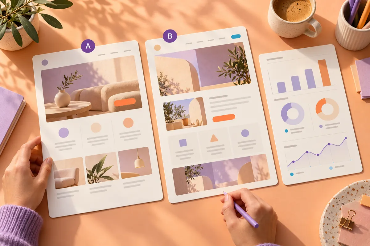 Website design variants and a measurement panel illustrating conversion analysis