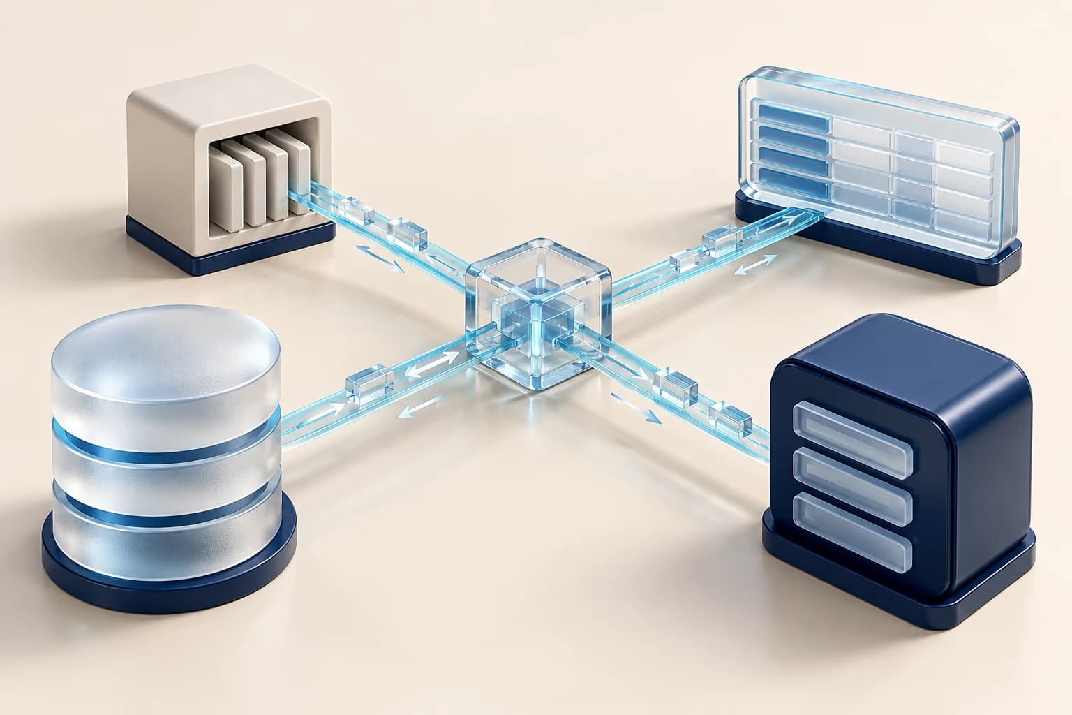 Conceptual records store, customer system, ledger and order module exchanging data packets through a central transparent mapping bridge.