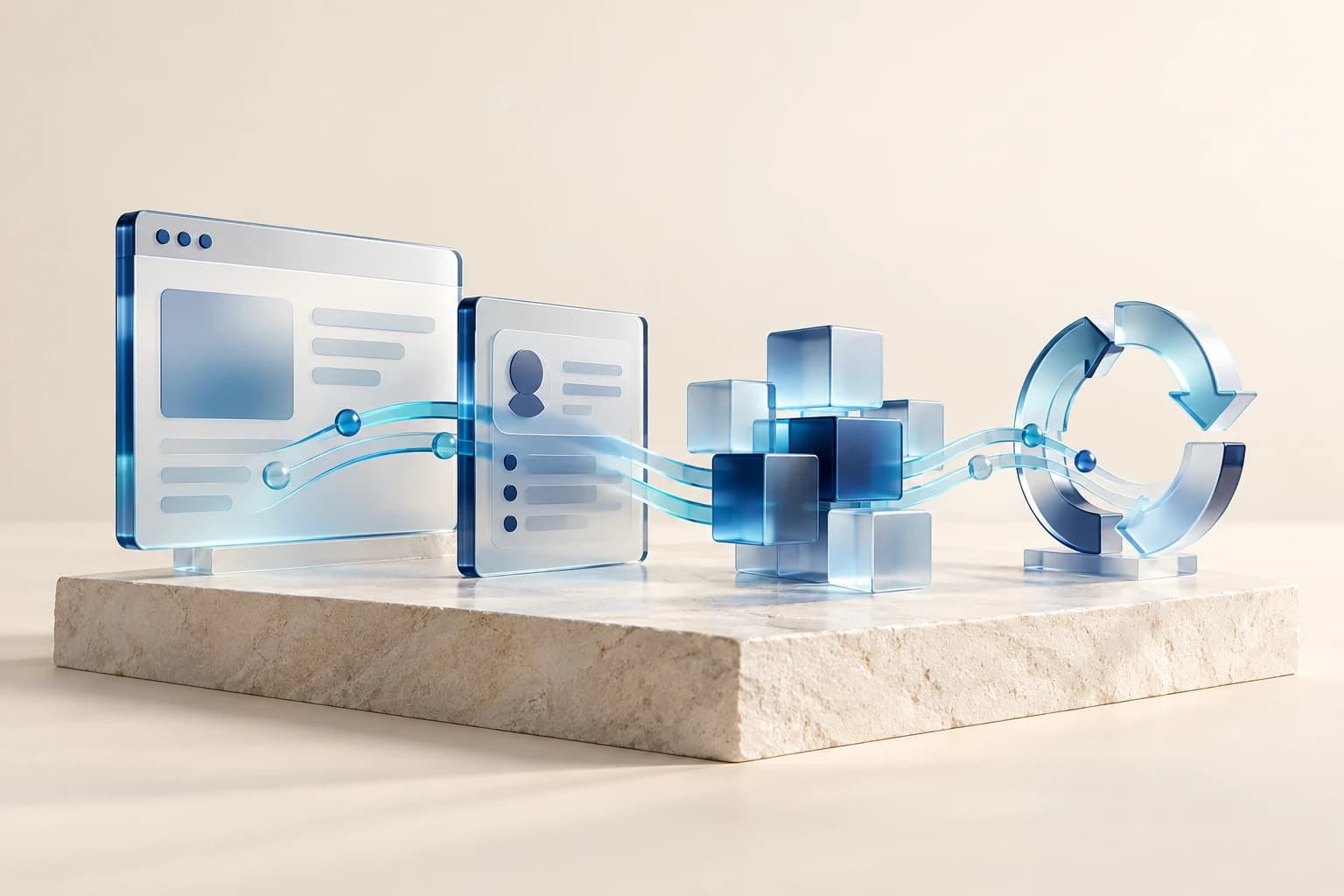 Conceptual glass browser, customer panel, software modules and automation loop connected by data paths.