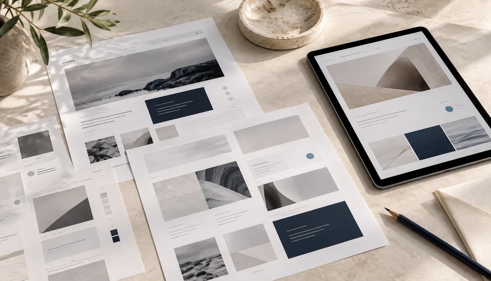 Website layout concepts on printed pages and a tablet, arranged on a pale stone desk.