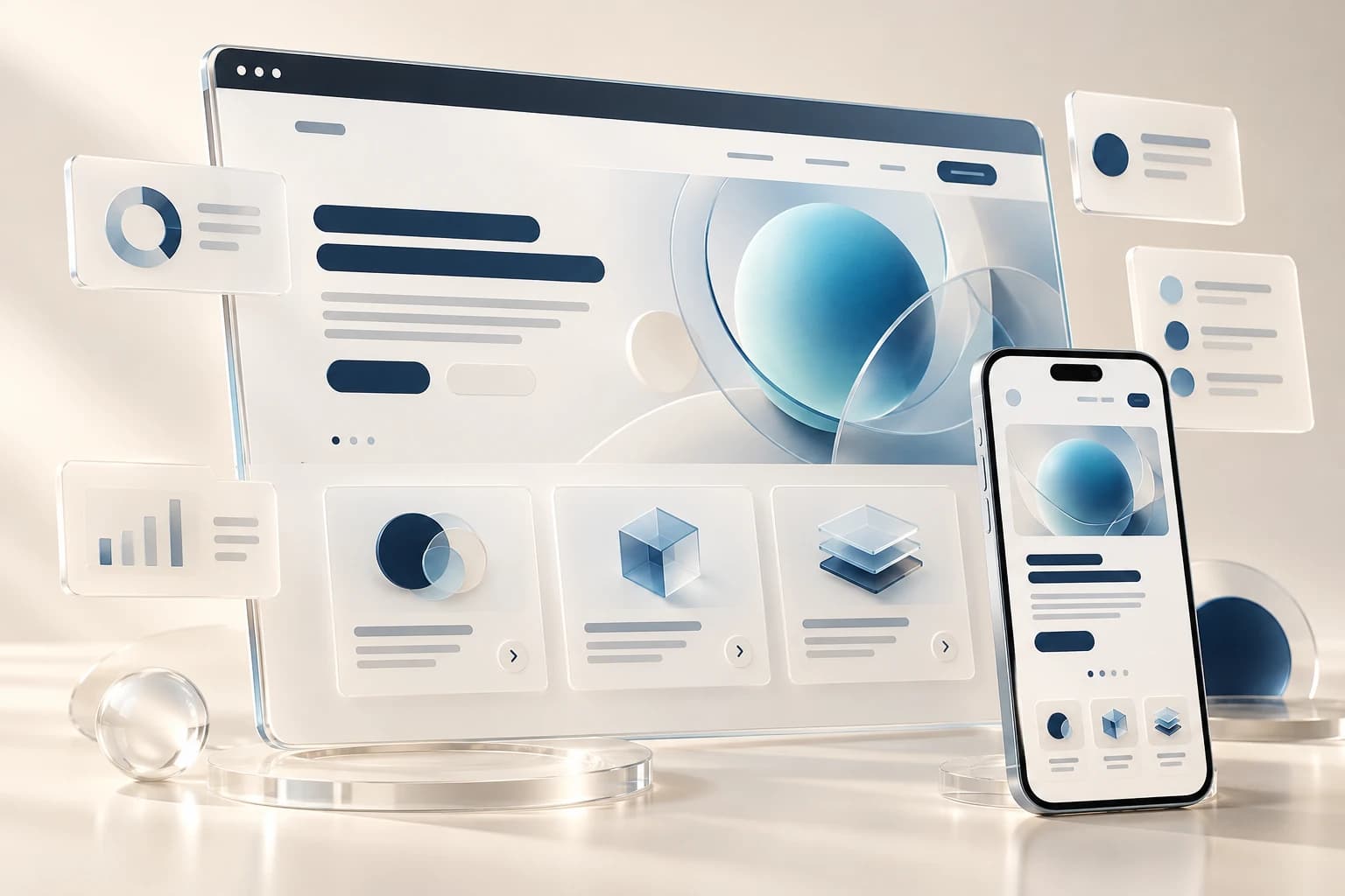 Conceptual layered browser and mobile interfaces with abstract content, glass panels and cyan accents.