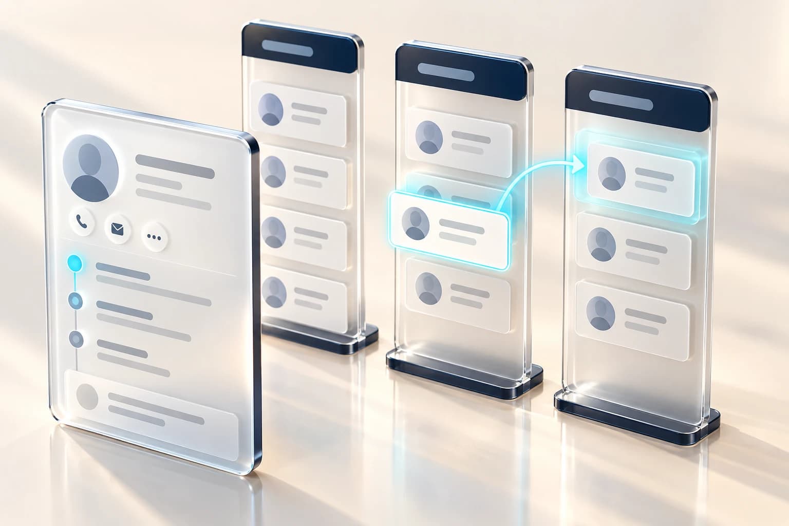Conceptual CRM workspace with customer record cards moving through three sales stages and a separate activity panel.