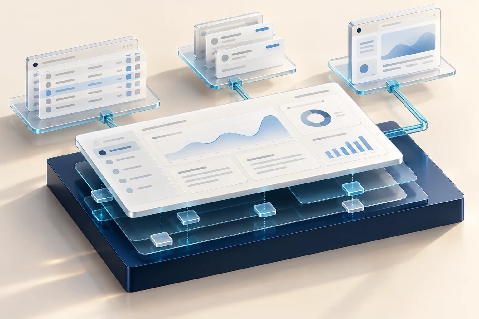 Conceptual operational software environment with a dashboard, records grid, portal modules and layered permissions on a navy base.